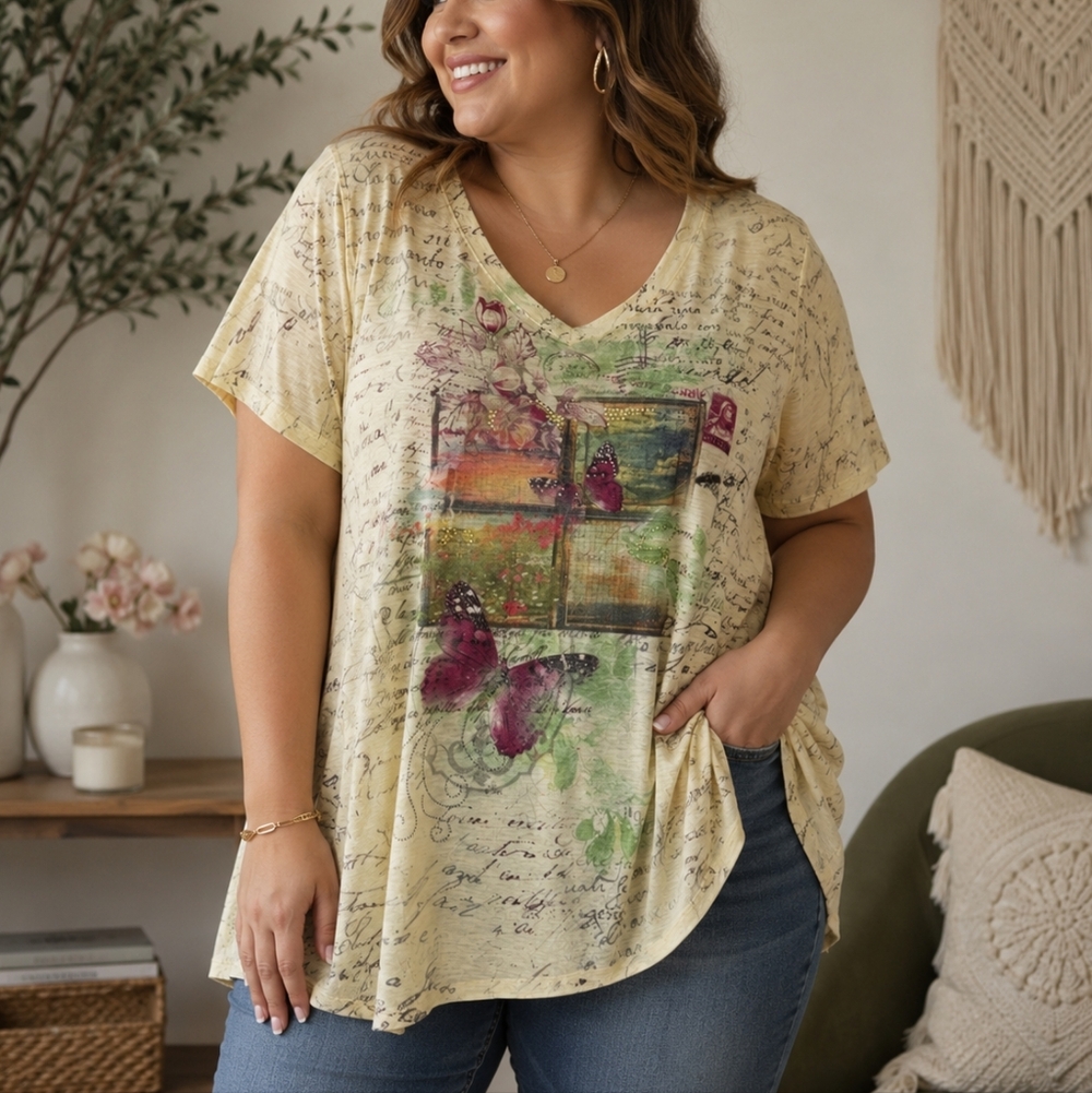 Style & Co Buttercream Floral Butterfly Graphic V-Neck Top Size 2X